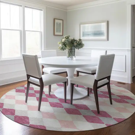 8' Pink Gray And Ivory Round Geometric Washable Indoor Outdoor Area Rug Photo 8