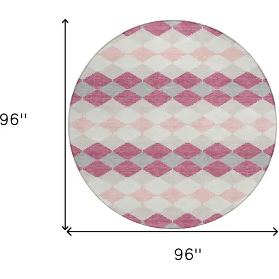 8' Pink Gray And Ivory Round Geometric Washable Indoor Outdoor Area Rug Photo 3
