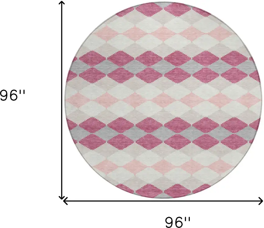 8' Pink Gray And Ivory Round Geometric Washable Indoor Outdoor Area Rug Photo 3