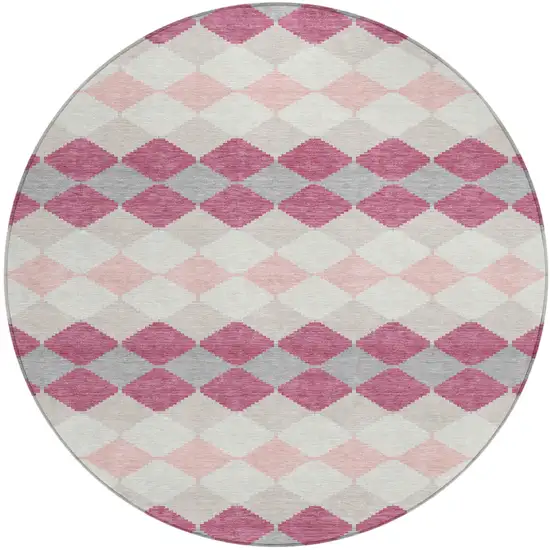 8' Pink Gray And Ivory Round Geometric Washable Indoor Outdoor Area Rug Photo 2