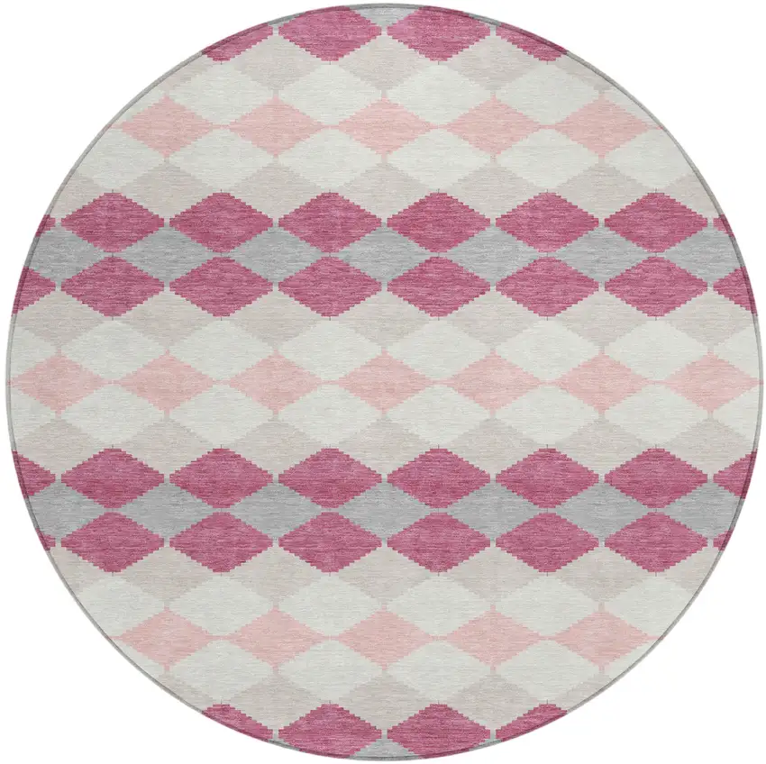 8' Pink Gray And Ivory Round Geometric Washable Indoor Outdoor Area Rug Photo 2