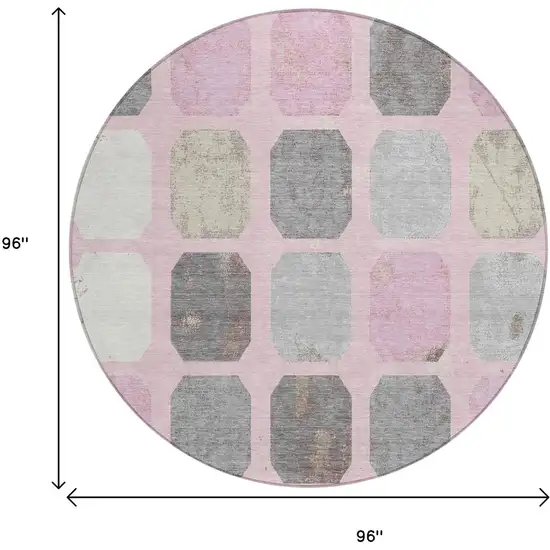 8' Pink Gray And Ivory Round Geometric Washable Indoor Outdoor Area Rug Photo 8