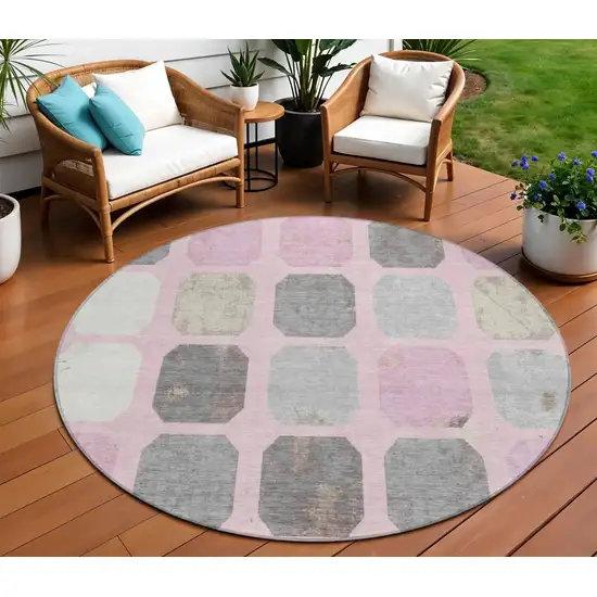 8' Pink Gray And Ivory Round Geometric Washable Indoor Outdoor Area Rug Photo 2