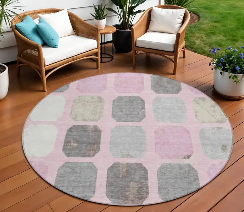 8' Pink Gray And Ivory Round Geometric Washable Indoor Outdoor Area Rug Photo 2