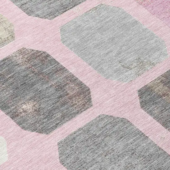 8' Pink Gray And Ivory Round Geometric Washable Indoor Outdoor Area Rug Photo 9