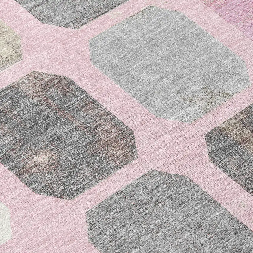 8' Pink Gray And Ivory Round Geometric Washable Indoor Outdoor Area Rug Photo 9