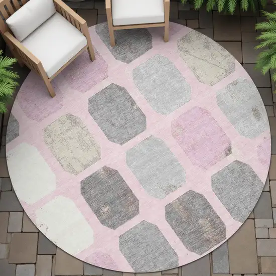 8' Pink Gray And Ivory Round Geometric Washable Indoor Outdoor Area Rug Photo 6
