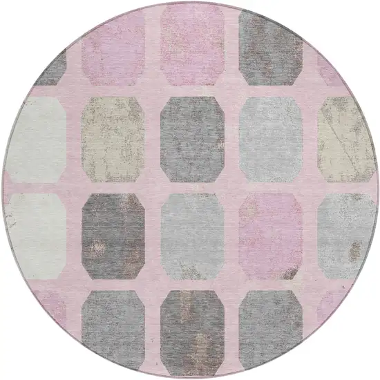 8' Pink Gray And Ivory Round Geometric Washable Indoor Outdoor Area Rug Photo 1