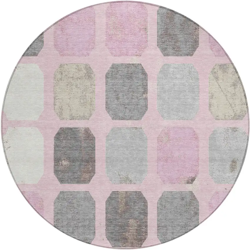 8' Pink Gray And Ivory Round Geometric Washable Indoor Outdoor Area Rug Photo 1