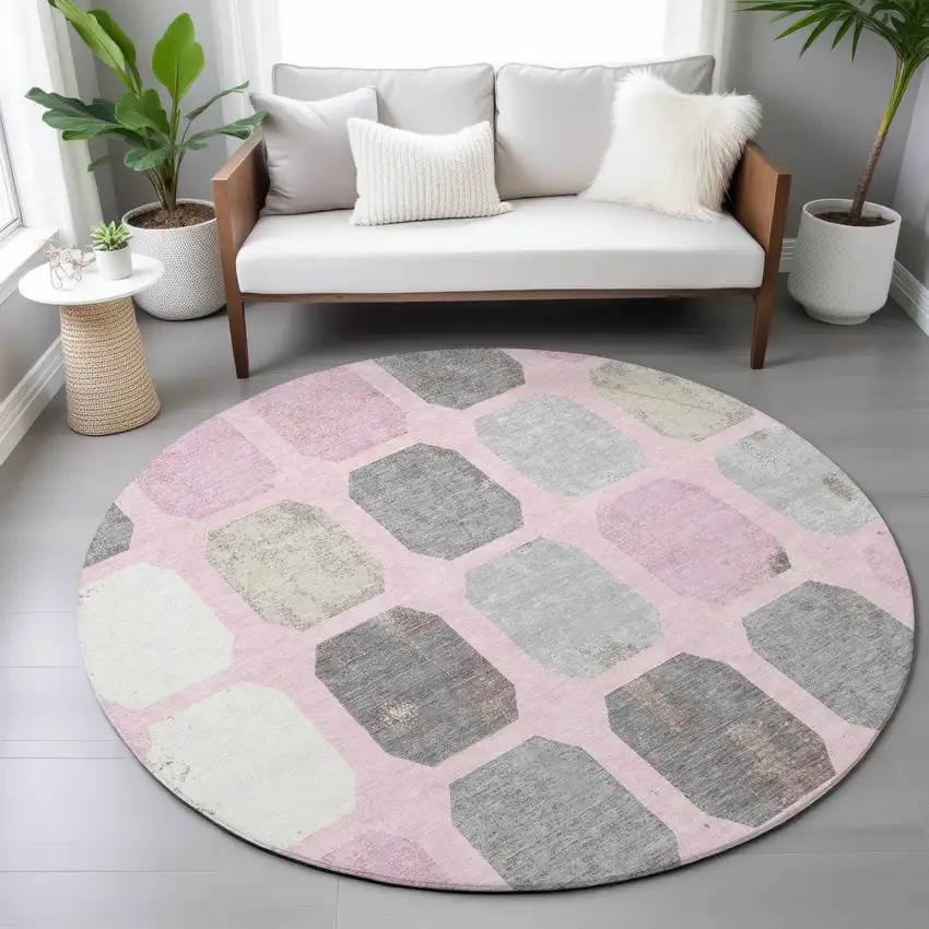 8' Pink Gray And Ivory Round Geometric Washable Indoor Outdoor Area Rug Photo 7