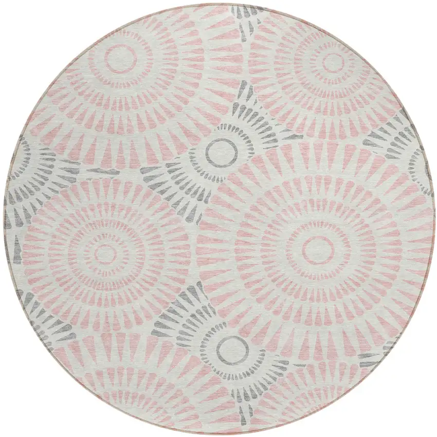 8' Pink Gray And Ivory Round Geometric Washable Indoor Outdoor Area Rug Photo 2