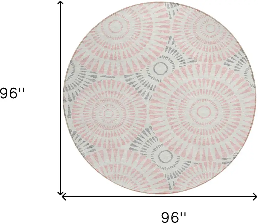 8' Pink Gray And Ivory Round Geometric Washable Indoor Outdoor Area Rug Photo 3