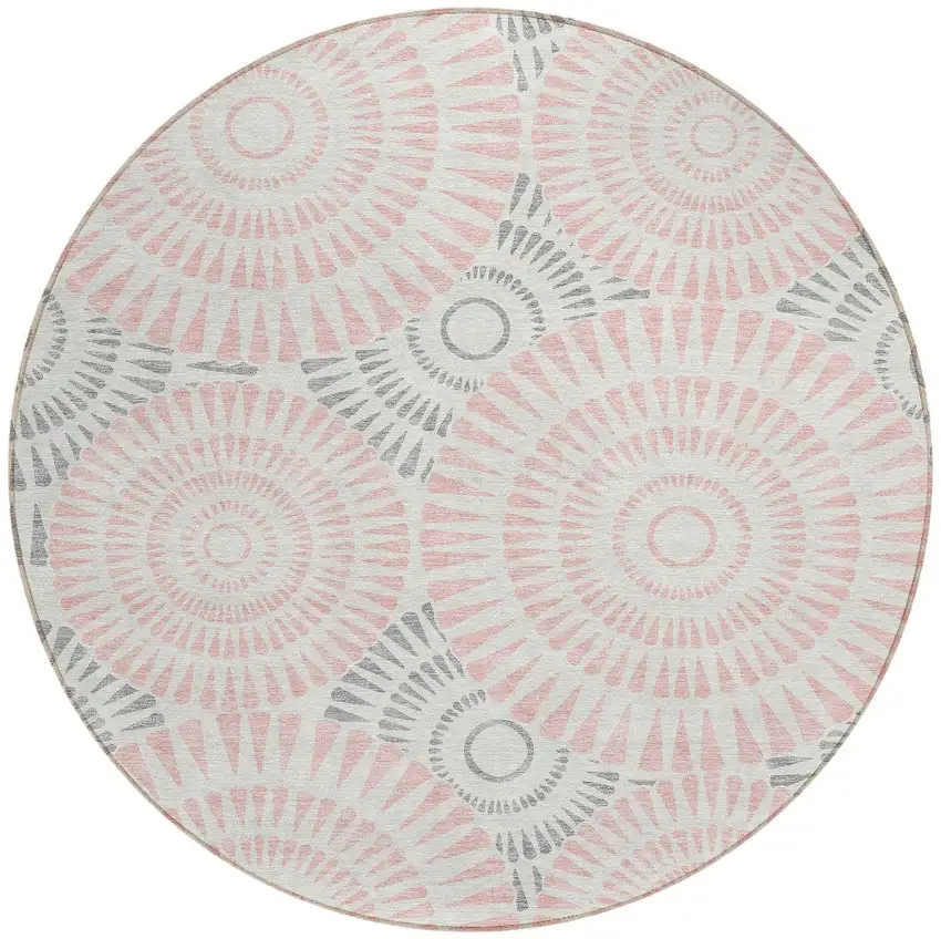8' Pink Gray And Ivory Round Geometric Washable Indoor Outdoor Area Rug Photo 6