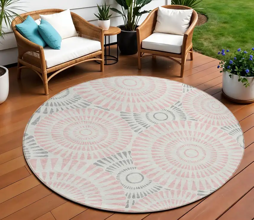 8' Pink Gray And Ivory Round Geometric Washable Indoor Outdoor Area Rug Photo 1