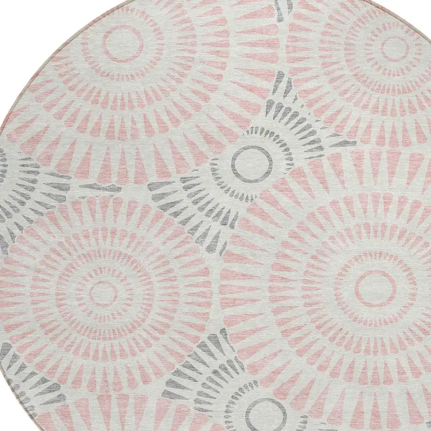 8' Pink Gray And Ivory Round Geometric Washable Indoor Outdoor Area Rug Photo 5