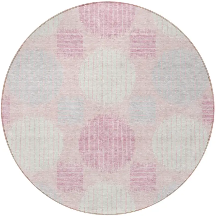 8' Pink Gray And Ivory Round Geometric Washable Indoor Outdoor Area Rug Photo 5