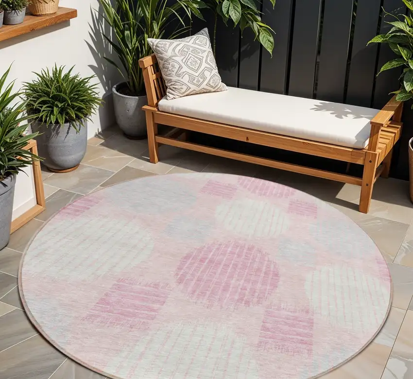 8' Pink Gray And Ivory Round Geometric Washable Indoor Outdoor Area Rug Photo 1