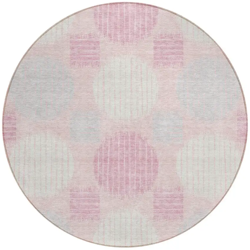 8' Pink Gray And Ivory Round Geometric Washable Indoor Outdoor Area Rug Photo 4