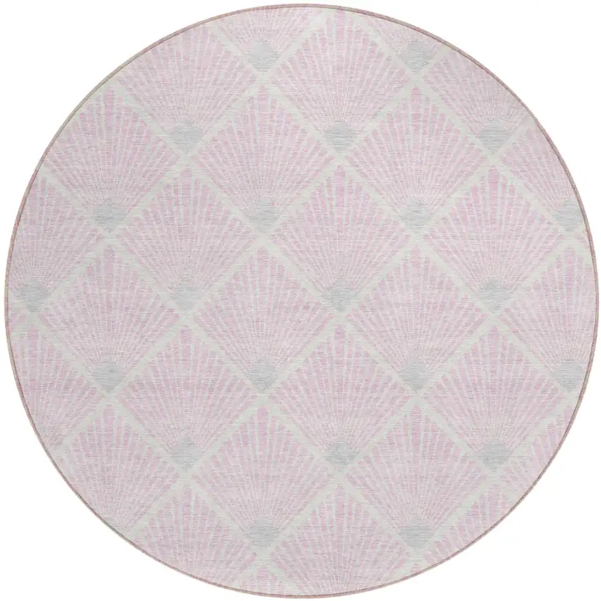 8' Pink Gray And Ivory Round Geometric Washable Indoor Outdoor Area Rug Photo 2