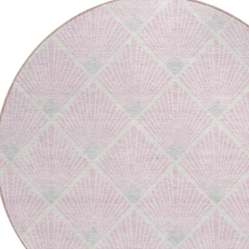 8' Pink Gray And Ivory Round Geometric Washable Indoor Outdoor Area Rug Photo 5