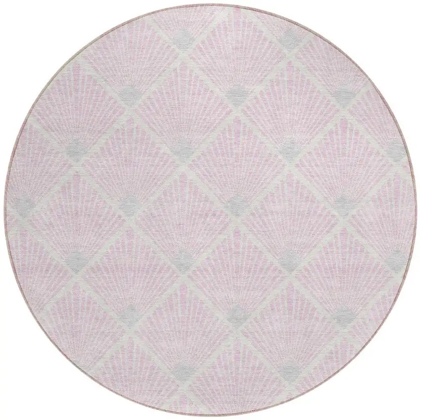 8' Pink Gray And Ivory Round Geometric Washable Indoor Outdoor Area Rug Photo 6