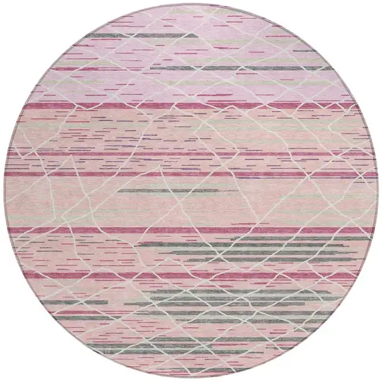 8' Pink Gray And Ivory Round Striped Washable Indoor Outdoor Area Rug Photo 6