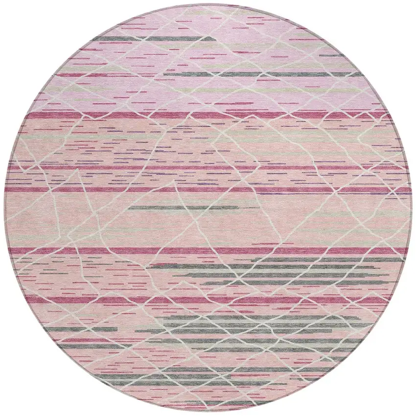 8' Pink Gray And Ivory Round Striped Washable Indoor Outdoor Area Rug Photo 6
