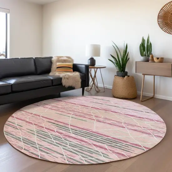 8' Pink Gray And Ivory Round Striped Washable Indoor Outdoor Area Rug Photo 8