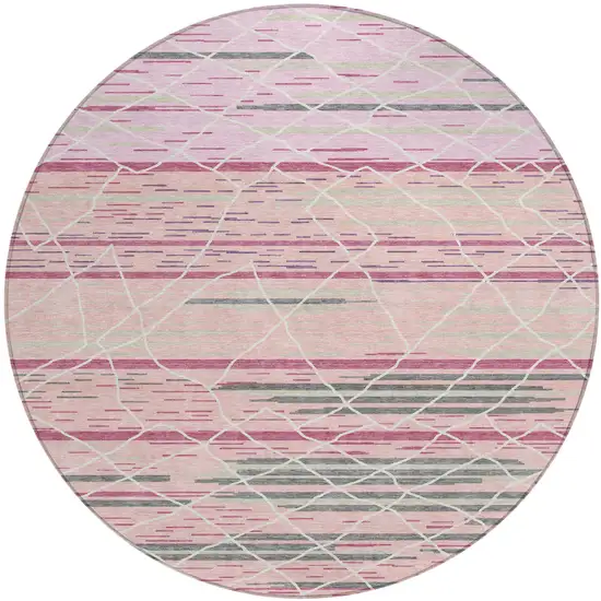 8' Pink Gray And Ivory Round Striped Washable Indoor Outdoor Area Rug Photo 2