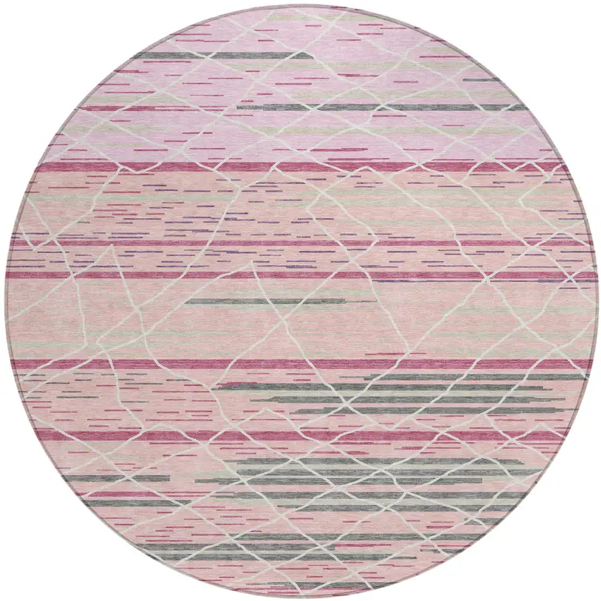 8' Pink Gray And Ivory Round Striped Washable Indoor Outdoor Area Rug Photo 2