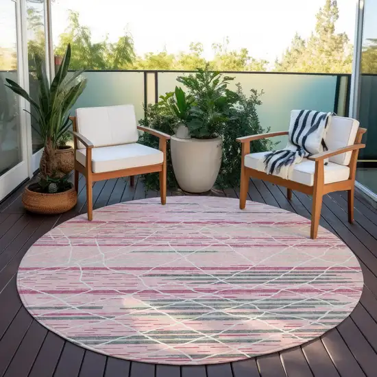 8' Pink Gray And Ivory Round Striped Washable Indoor Outdoor Area Rug Photo 7