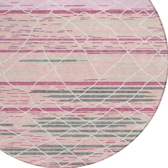 8' Pink Gray And Ivory Round Striped Washable Indoor Outdoor Area Rug Photo 5