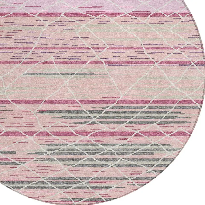 8' Pink Gray And Ivory Round Striped Washable Indoor Outdoor Area Rug Photo 5