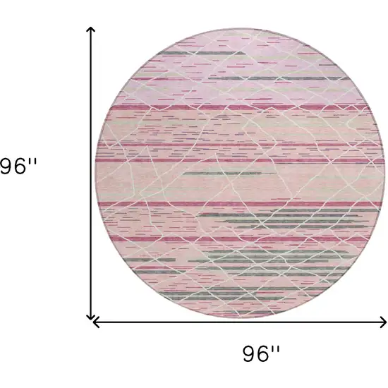 8' Pink Gray And Ivory Round Striped Washable Indoor Outdoor Area Rug Photo 3