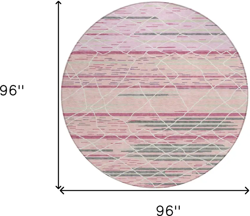 8' Pink Gray And Ivory Round Striped Washable Indoor Outdoor Area Rug Photo 3