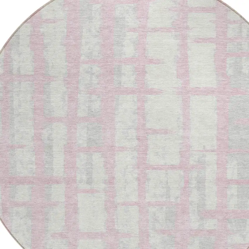 8' Pink Gray And Ivory Round Striped Washable Indoor Outdoor Area Rug Photo 4