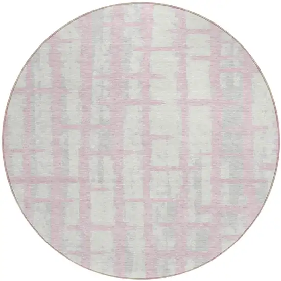 8' Pink Gray And Ivory Round Striped Washable Indoor Outdoor Area Rug Photo 2