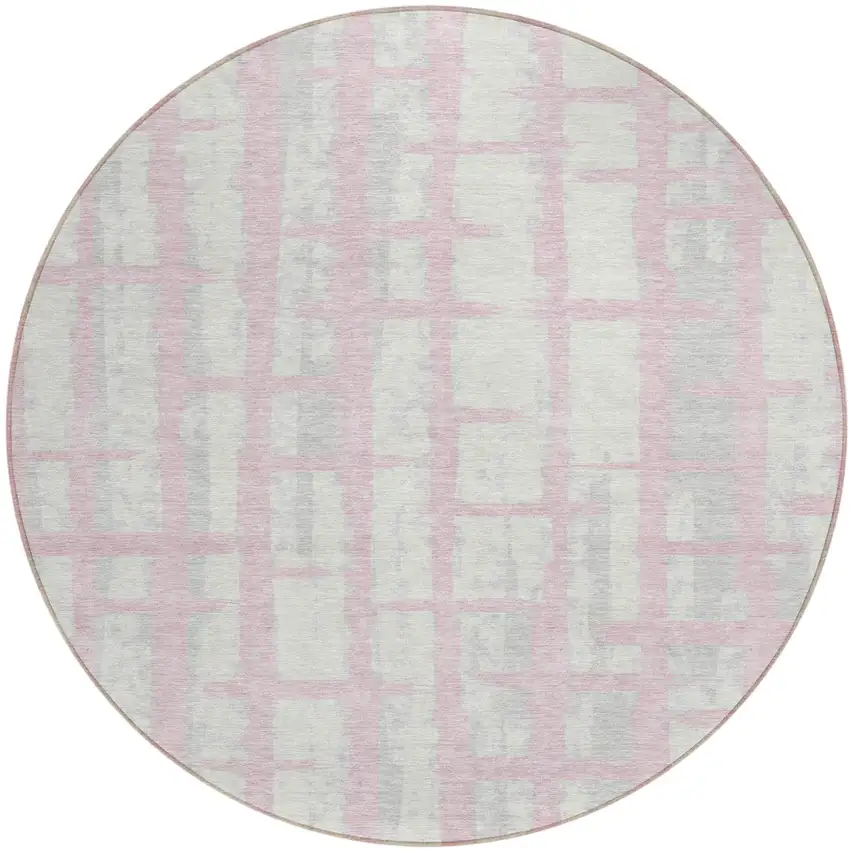 8' Pink Gray And Ivory Round Striped Washable Indoor Outdoor Area Rug Photo 2