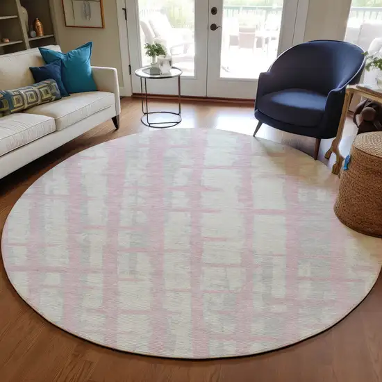 8' Pink Gray And Ivory Round Striped Washable Indoor Outdoor Area Rug Photo 7