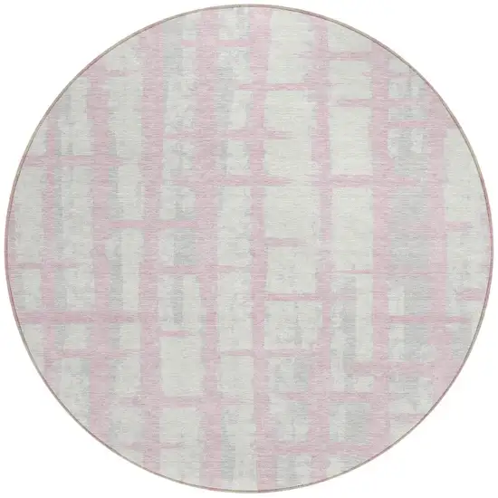 8' Pink Gray And Ivory Round Striped Washable Indoor Outdoor Area Rug Photo 5