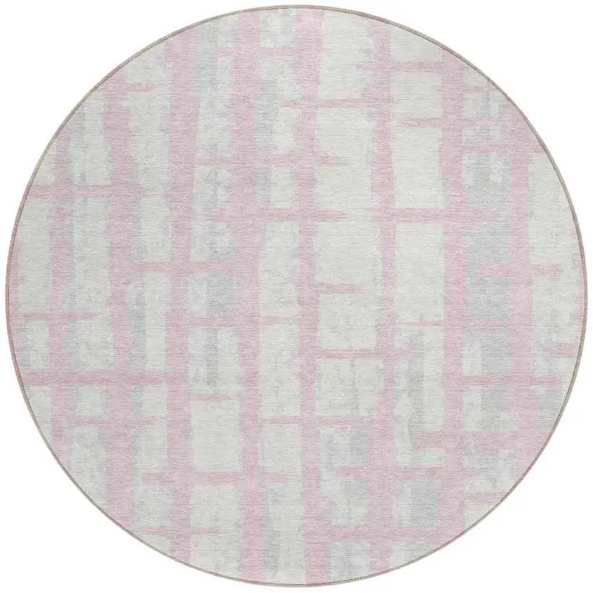 8' Pink Gray And Ivory Round Striped Washable Indoor Outdoor Area Rug Photo 5