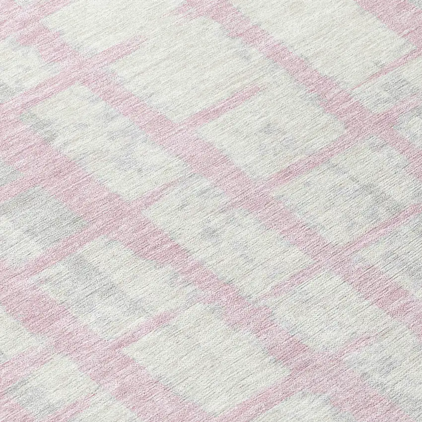 8' Pink Gray And Ivory Round Striped Washable Indoor Outdoor Area Rug Photo 8