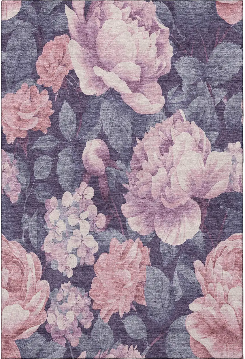 8' Pink Gray And Mauve Floral Washable Area Rug With UV Protection Photo 3