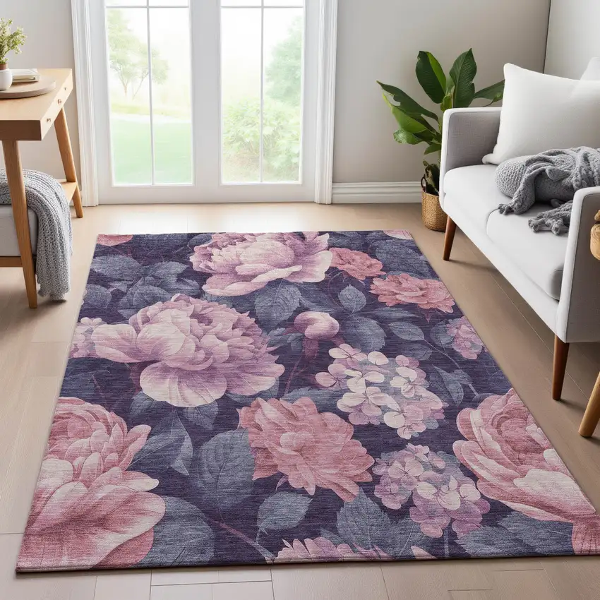 8' Pink Gray And Mauve Floral Washable Area Rug With UV Protection Photo 5