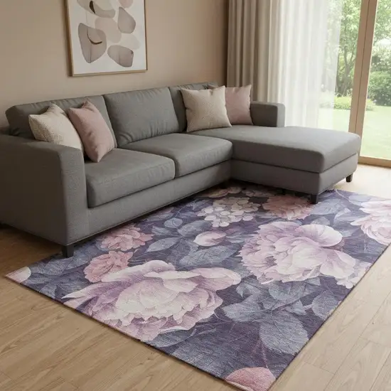8' Pink Gray And Mauve Floral Washable Area Rug With UV Protection Photo 2