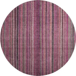 Photo of 8' Pink Gray And Mauve Striped Washable Round Rug With UV Protection