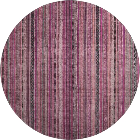 8' Pink Gray And Mauve Striped Washable Round Rug With UV Protection Photo 1
