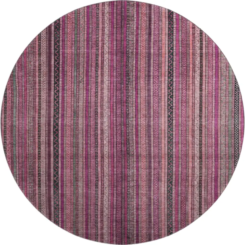 8' Pink Gray And Mauve Striped Washable Round Rug With UV Protection Photo 1