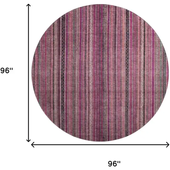 8' Pink Gray And Mauve Striped Washable Round Rug With UV Protection Photo 9