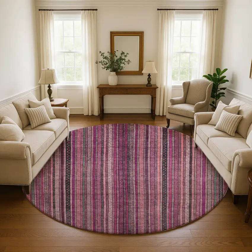 8' Pink Gray And Mauve Striped Washable Round Rug With UV Protection Photo 4